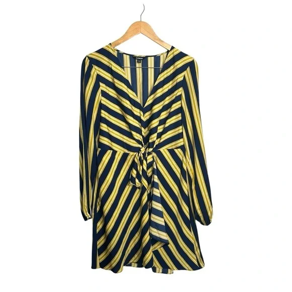 EXPRESS Yellow Navy Stripe Long Sleeve Front Knot Cocktail Flowy Dress Large - Picture 2 of 7